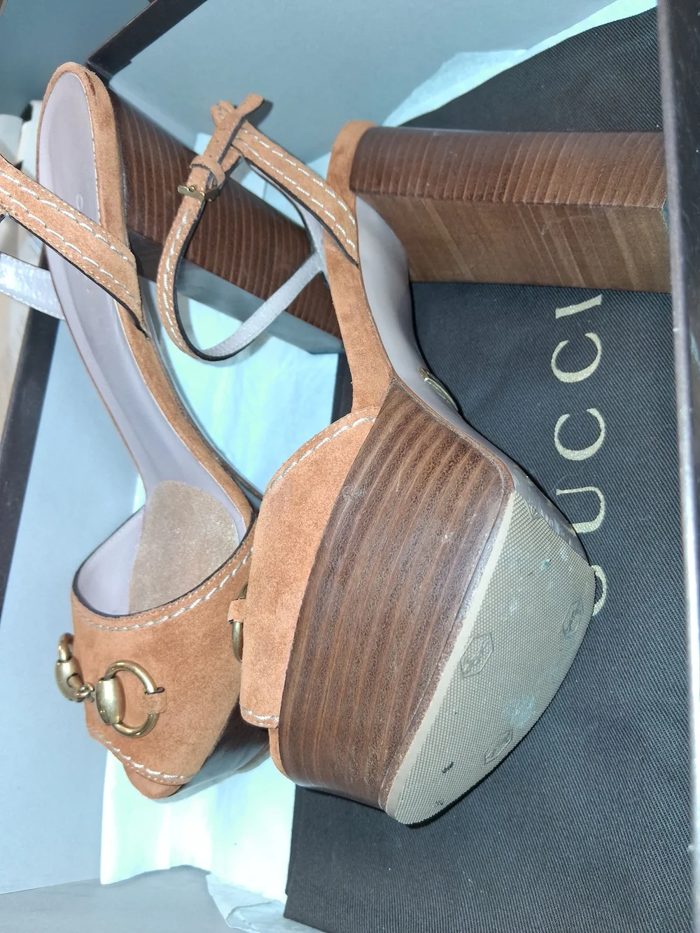 Gucci Camel Brown Suede Horsebit Platform Sandals with Wooden Block Heel /Box